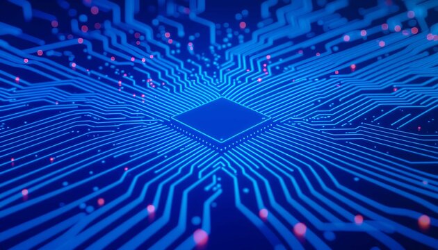 Futuristic technology background showing abstract electronic board with glowing blue lines connecting a central processor chip - Powered by Adobe