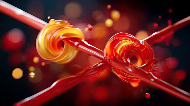 Abstract image of two intersecting red and yellow shapes with a bokeh background, creating a dynamic and vibrant visual.