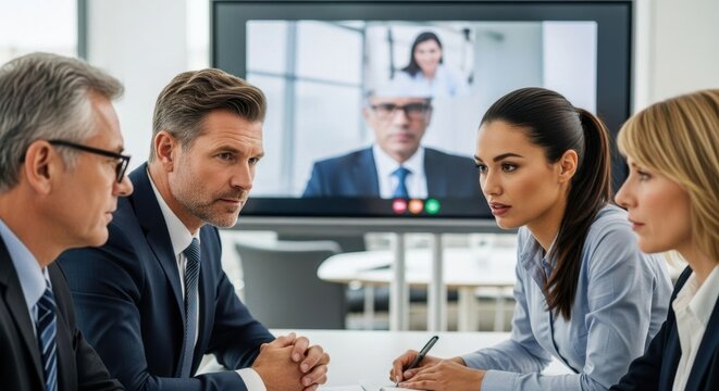 Business team in office video conference meeting. Professional men and women listen to online presentation for corporate communication and strategy.