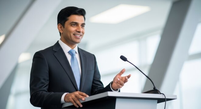 Man speaking confidently at conference podium. Professional speaker delivering a speech for business presentation or public event.