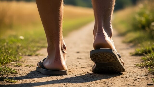 Man walking in sandals on a dirt road, low angle view. Journey, path, and travel concept. Outdoor activity and adventure.