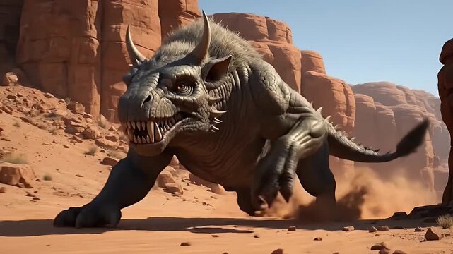 Powerful mythical beast with horns running in a sunlit red rock canyon