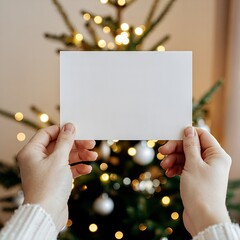 Christmas card mock up. Hand holding empty greeting card on background of stylish decorated christmas tree with golden lights. Space for text. Season greetings template and vintage ornaments