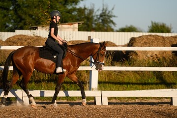 Outdoor horseback riding training. Girl athlete wearing riding helmet sits astride galloping horse, demonstrating riding skills. Concept of equestrian competitions, equestrian school.