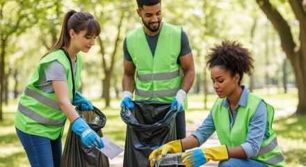 Group of volunteer people, man and two women, collecting trash in a park. Environmental cleanup and community service for Earth Day concept.