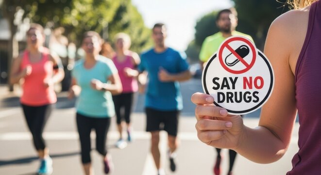 Woman holding a say no drugs sign as runners in background symbolize healthy lifestyle. Drug prevention and health education concept.