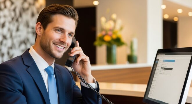 Handsome man talking on landline phone at a reception desk. Attentive hotel worker assisting guest over the phone. Front office communication concept.