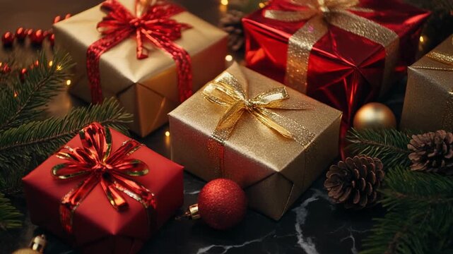Luxury Christmas gifts with red and gold ribbons on black marble, ultra detailed close-up festive scene