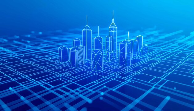 Futuristic smart-city data network architecture glowing with digital wireframe technology - Powered by Adobe