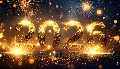 Sparkling golden numbers of 2026 illuminated by dazzling fireworks and bokeh lights, celebrating the new year