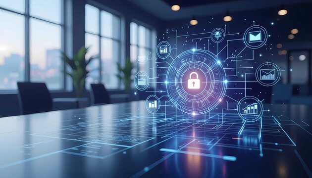 Digital cybersecurity interface with glowing lock symbol ensuring data protection