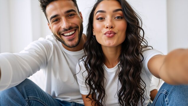 A happy young couple taking a selfie together. A smiling man and a woman puckering her lips for a kissy face look at the camera. Love and relationship lifestyle concept - Powered by Adobe