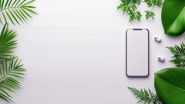 Top-down shot of a smartphone with a blank screen, wireless earbuds, and green leaves arranged on a white wooden surface. The composition creates a clean and mi - Powered by Adobe