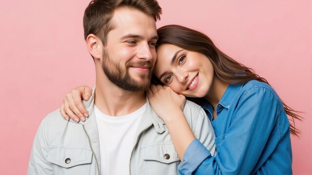 Happy young couple in love hugging on a pink background. Portrait of an affectionate man and woman embracing. Relationship and romance concept