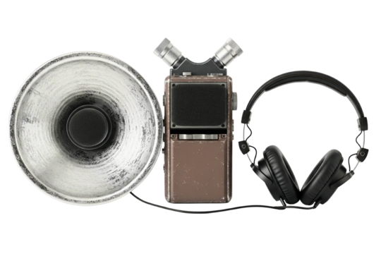 Vintage portable sound recorder with headphones and microphone on isolated background