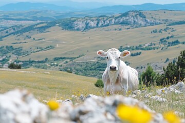Serene White Cow Grazing in a Lush Green Meadow Surrounded by Stone-Covered Pastures and Hills