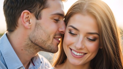 Affectionate young man whispering a secret into his smiling girlfriend's ear. Happy romantic couple sharing an intimate moment outdoors during golden hour