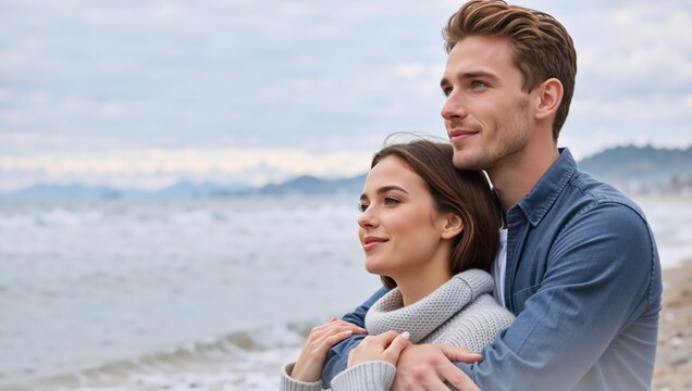 A loving young couple embracing on the beach. Man and woman in a romantic hug looking towards the future together. Relationship and companionship concept - Powered by Adobe