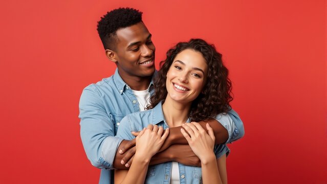 Happy young interracial couple hugging and smiling on a red background. African american man embracing his caucasian girlfriend. Romantic relationship and love concept with copy space - Powered by Adobe