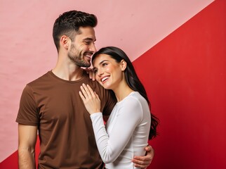 A happy young couple in a loving embrace against a colorful background. Smiling man and woman showing affection. Romantic relationship and valentine's day concept