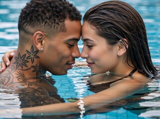 Romantic couple touching foreheads in a swimming pool. Close up of happy man and woman in love relaxing in blue water during summer vacation
