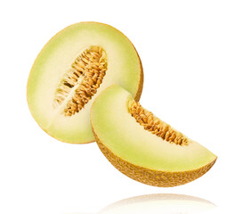 Fresh ripe Galia Melon falling in the air isolated on white background
