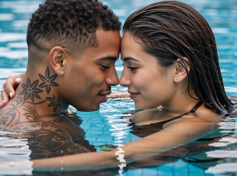 Romantic couple touching foreheads in a swimming pool. Close up of happy man and woman in love relaxing in blue water during summer vacation - Powered by Adobe