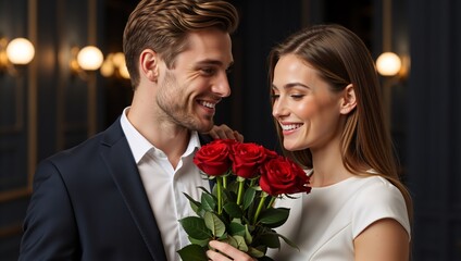 Romantic couple on a date night with the man giving red roses to the woman. Happy smiling partners celebrating an anniversary or valentine's day