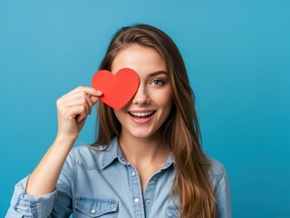 Happy young woman smiling while holding a red paper heart over her eye. Cheerful girl expressing love and affection on a blue background. Valentine's Day concept with copy space