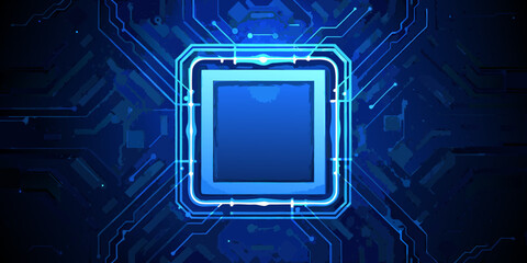Stylized blue computer chip with circuit board connections background
