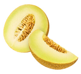 Fresh ripe Galia Melon falling in the air isolated on white background