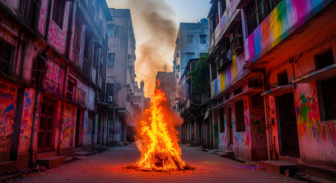Holika Dahan bonfire during Chhoti Holi festival celebration on colorful urban street at sunset