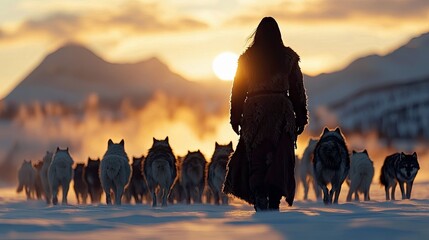 A woman in a fur coat leads a pack of wolves through a snowy landscape at sunset. The sun is low in the sky, casting a warm glow.