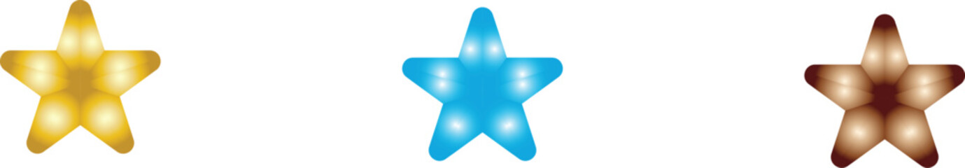 colorful glossy five-pointed star icons with balloon-like texture on white background for playful decorative design, featuring yellow, blue, and brown stars in horizontal arrangement