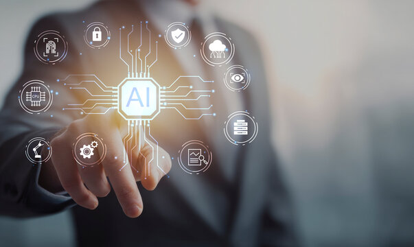 Businessman hand pointing at AI (Artificial Intelligence) on a futuristic digital interface with icons representing automation, data analysis, innovation, and network security.