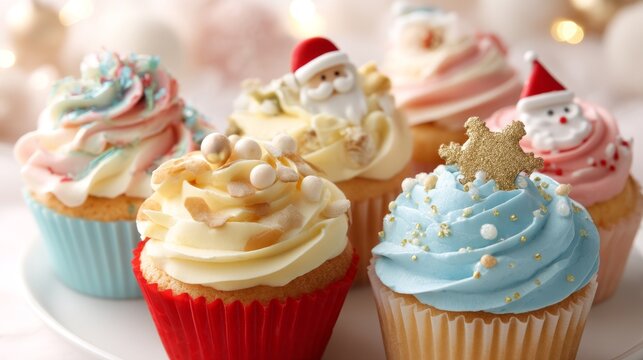 Decorated with festive icing, these Christmas-themed cupcakes showcase vibrant colors and playful designs, perfect for holiday parties or family gatherings during the joyful season - Powered by Adobe