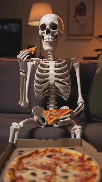 Skeleton enjoys pizza on a couch in a living room. Perfect for spooky or halloweenthemed designs, foodrelated content, or humorous concepts.