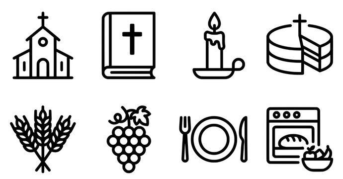 Christian Symbols Church Bible Candle Bread Wheat Grapes Meal Oven.