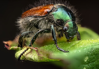 Close-up of a shiny green beetle on a leaf, highlighting its texture and vibrant colors
