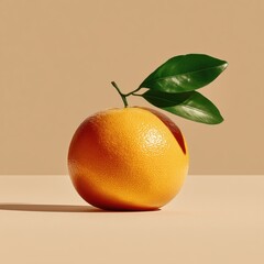 Fresh whole grapefruit with green leaves on beige background in bright sunlight with hard shadow