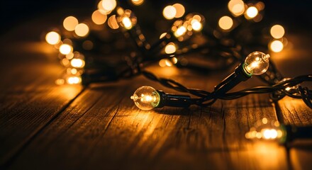 Close-up of warm, glowing string lights arranged on a rustic wooden surface creating a cozy, festive atmosphere.