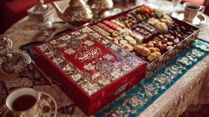 Opulent red presentation box rests beside a tray of assorted Middle Eastern sweets and dried fruits