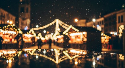 Blurred view of a Christmas market at night, with lights reflecting on a wet surface.