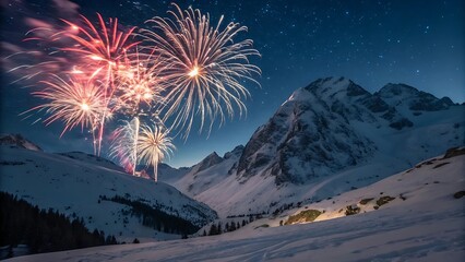 New Year 2026 fireworks exploding over snowy mountains, vibrant colors, long-exposure photography effect, ultra-sharp details.