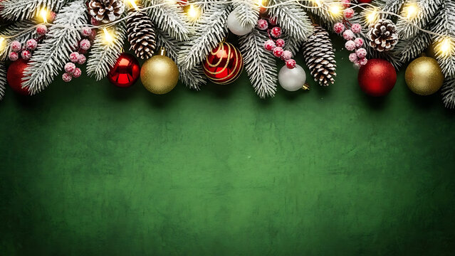 Festive christmas border decoration with ornaments and pine cones on green