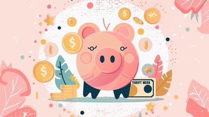 National Thrift Week: A modern flat design illustration banner, bold text "NATIONAL THRIFT WEEK"