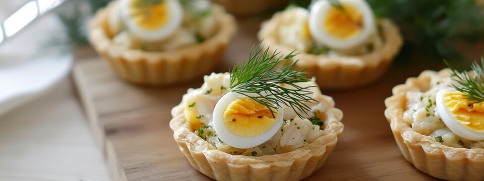 Mini savory tarts with boiled egg and dill on light wooden background. Concept of elegant appetizer and spring freshness.  banner  - Powered by Adobe