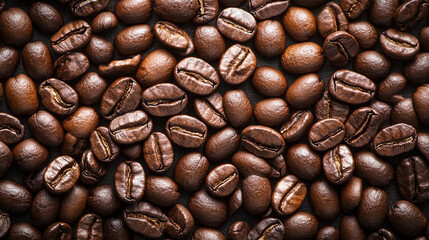 Close-up top view of numerous coffee beans, showcasing rich brown tones and natural texture. The scene evokes freshness, coffee culture, brewing, aroma, and culinary appeal for coffee lovers.