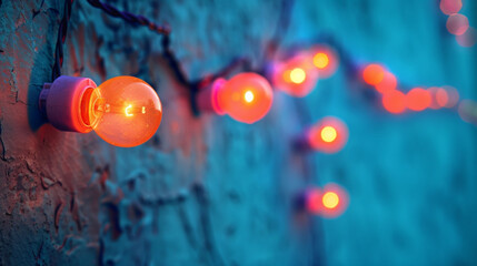 Close up of orange string lights bulb shine brightly against a textured blue wall, creating a festive winter atmosphere, christmas tree ligh bulbs decorations, hanging lights bulb on blue wall