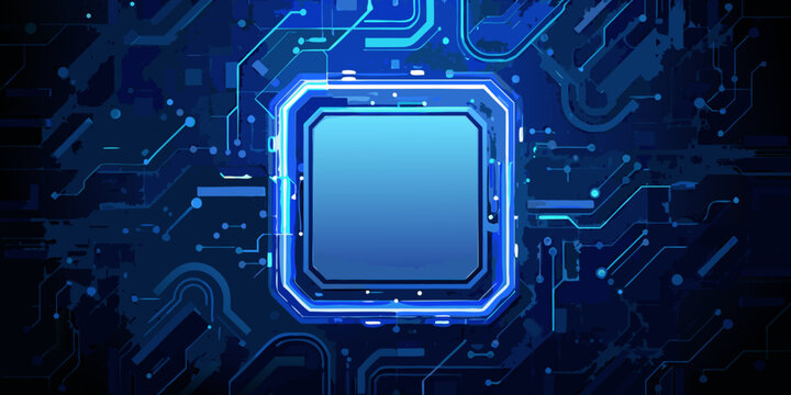 Blue circuit board with central square for text or logo